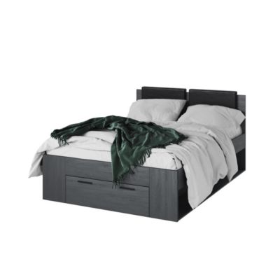 Lit adulte 140x200 avec tiroirs intégrés - Collection FLOYD. Coloris gris effet bois