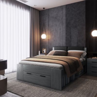 Lit adulte 140x200 avec tiroirs intégrés - Collection FLOYD. Coloris gris effet bois