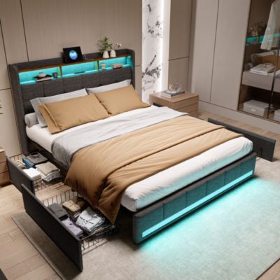 Lit adulte 160 x 200 cm avec 4 tiroirs de rangement, bande lumineuse LED, chargement USB, lit capitonné double, lit ado, gris