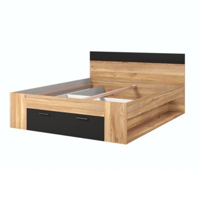 Lit adulte 180x200 avec tiroirs intégrés et sommier. Collection EOS. Coloris chene clair et noir.