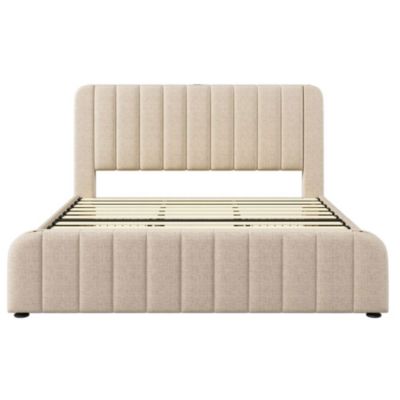Lit Adulte 180x200cm Rembourré USB Type-C Lin Beige Blackcolors