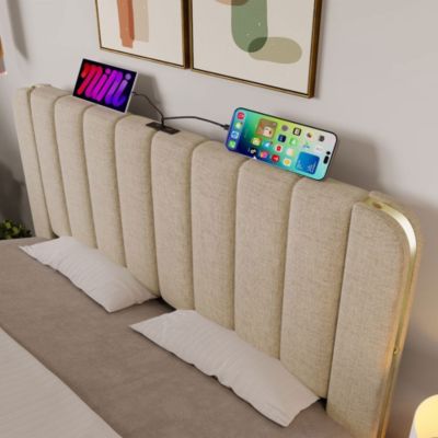 Lit Adulte 180x200cm Rembourré USB Type-C Lin Beige Blackcolors