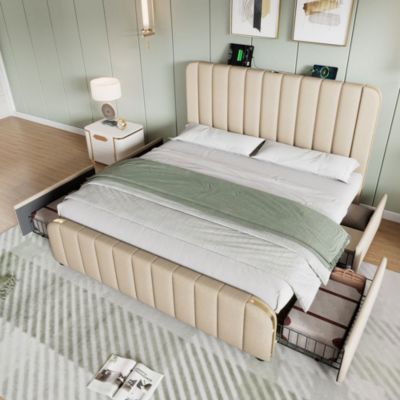 Lit Adulte 180x200cm Rembourré USB Type-C Lin Beige Blackcolors