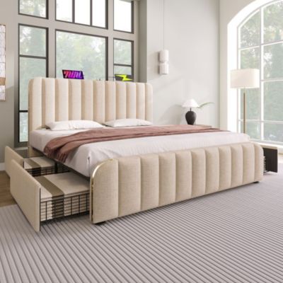 Lit Adulte 180x200cm Rembourré USB Type-C Lin Beige Blackcolors