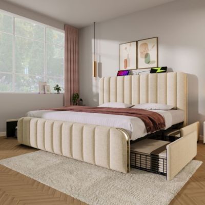 Lit Adulte 180x200cm Rembourré USB Type-C Lin Beige Blackcolors