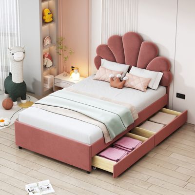 Lit adulte 90x200 cm capitonné en velours rose avec tête de lit fleur et sommier à lattes, sans matelas