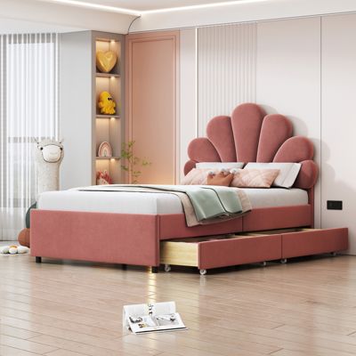 Lit adulte 90x200 cm capitonné en velours rose avec tête de lit fleur et sommier à lattes, sans matelas