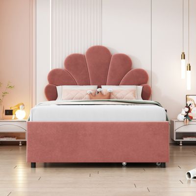 Lit adulte 90x200 cm capitonné en velours rose avec tête de lit fleur et sommier à lattes, sans matelas