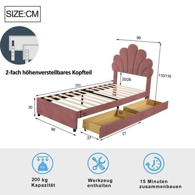 Lit adulte 90x200 cm capitonné en velours rose avec tête de lit fleur et sommier à lattes, sans matelas