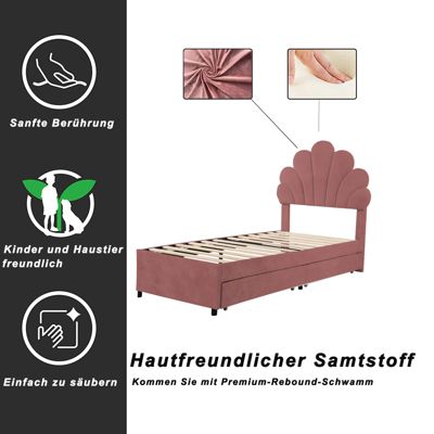 Lit adulte 90x200 cm capitonné en velours rose avec tête de lit fleur et sommier à lattes, sans matelas