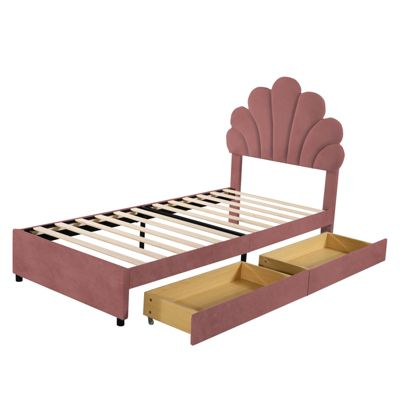 Lit adulte 90x200 cm capitonné en velours rose avec tête de lit fleur et sommier à lattes, sans matelas