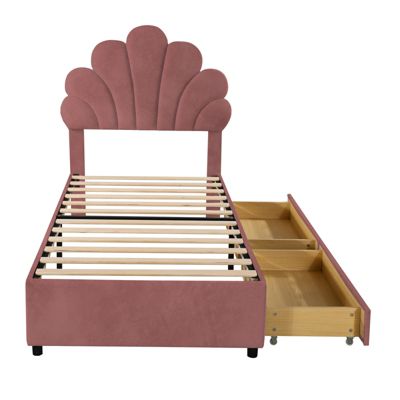 Lit adulte 90x200 cm capitonné en velours rose avec tête de lit fleur et sommier à lattes, sans matelas