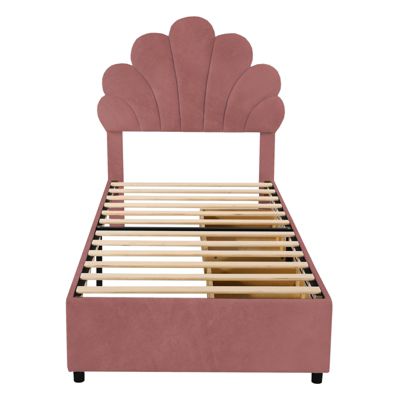 Lit adulte 90x200 cm capitonné en velours rose avec tête de lit fleur et sommier à lattes, sans matelas