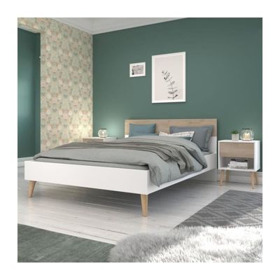 Lit adulte - AALBORG - 160 x 200 cm - Blanc / Chene - PARISOT