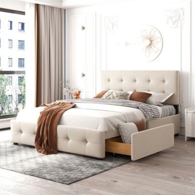 Lit adulte lit 140x200 cm lit rembourré avec tiroirs et sommier à lattes lit double velours beige
