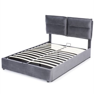 Lit adulte lit 140x200 cm lit rembourré hydraulique lit de rangement lit double velours gris