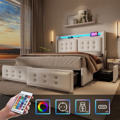 Lit rembourré 160x200 cm avec LED et USB, lit double avec 4 tiroirs, lits avec