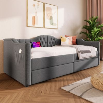 Lit adulte lit 90x190 cm lit rembourré avec 2 tiroirs Single lin gris