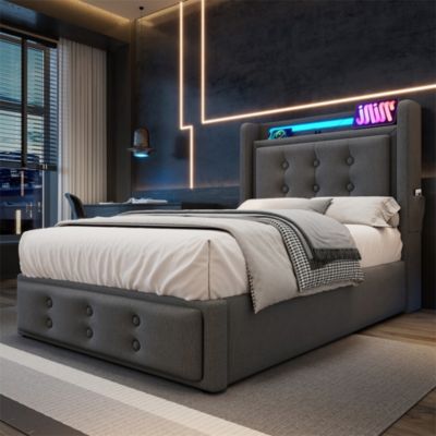 Lit adulte lit 90x200 cm lit rembourré hydraulique avec sommier en bois Single coton lin gris