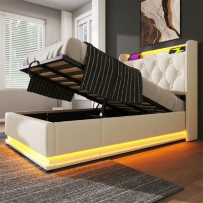 Lit adulte lit 90x200 cm lit rembourré hydraulique lit appui-tête rembourré avec fonction de recharge usb type-c Single pu blanc