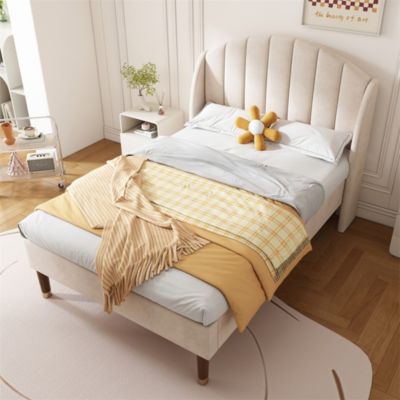 Lit adulte lit cadre à lattes en bois lit 90x200 cm lit rembourré Single velours beige