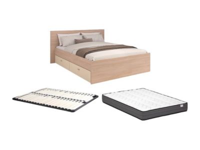 Lit avec 2 tiroirs 140 x 190 cm - coloris : Naturel et beige + Sommier ...