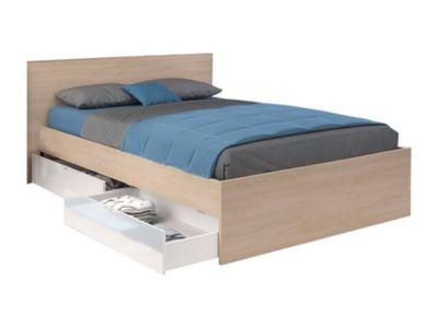 Lit avec 4 tiroirs 140 x 190 cm - Coloris : Blanc brillant et naturel - VELONA