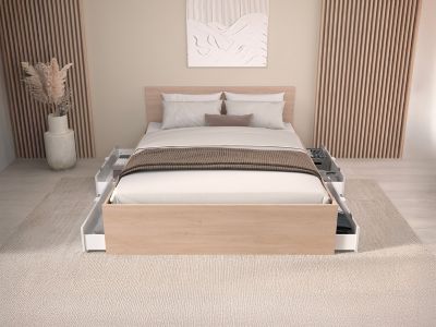 Lit avec 4 tiroirs 140 x 190 cm - Coloris : Blanc brillant et naturel - VELONA
