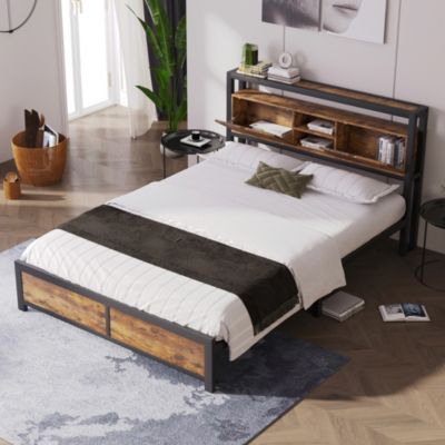 Lit avec rangement 140x200 cm - Lit double métal avec tête de lit et sommier à lattes - Métal - Sans Matelas - Noir