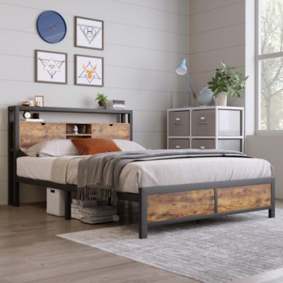 Lit avec rangement 140x200 cm - Lit double métal avec tête de lit et sommier à lattes - Métal - Sans Matelas - Noir