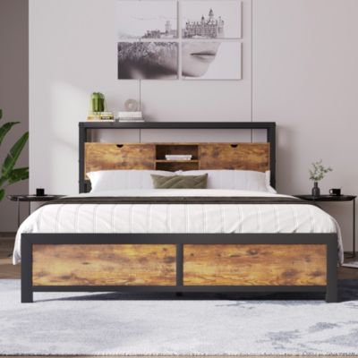Lit avec rangement 140x200 cm - Lit double métal avec tête de lit et sommier à lattes - Métal - Sans Matelas - Noir