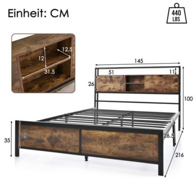 Lit avec rangement 140x200 cm - Lit double métal avec tête de lit et sommier à lattes - Métal - Sans Matelas - Noir
