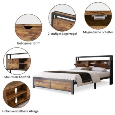 Lit avec rangement 140x200 cm - Lit double métal avec tête de lit et sommier à lattes - Métal - Sans Matelas - Noir