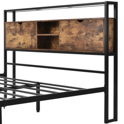 Lit avec rangement 140x200 cm - Lit double métal avec tête de lit et sommier à lattes - Métal - Sans Matelas - Noir