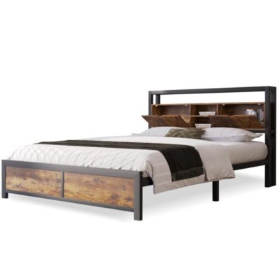 Lit avec rangement 140x200 cm - Lit double métal avec tête de lit et sommier à lattes - Métal - Sans Matelas - Noir