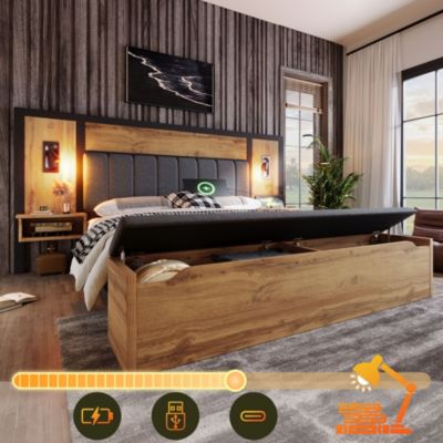 Lit avec rangement 180x200 cm - Lit double capitonné avec lampe de lecture et table de chevet USB C - Métal - Sans Matelas - Chêne