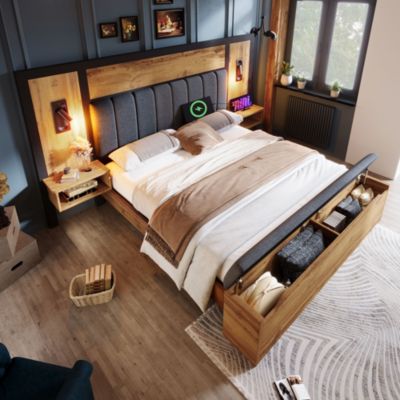 Lit avec rangement 180x200 cm - Lit double capitonné avec lampe de lecture et table de chevet USB C - Métal - Sans Matelas - Chêne