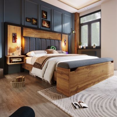 Lit avec rangement 180x200 cm - Lit double capitonné avec lampe de lecture et table de chevet USB C - Métal - Sans Matelas - Chêne