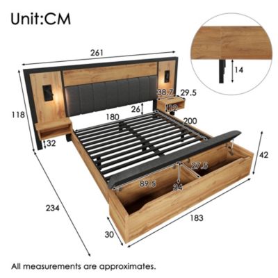 Lit avec rangement 180x200 cm - Lit double capitonné avec lampe de lecture et table de chevet USB C - Métal - Sans Matelas - Chêne
