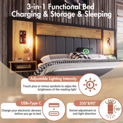 Lit avec rangement 180x200 cm - Lit double capitonné avec lampe de lecture et table de chevet USB C - Métal - Sans Matelas - Chêne