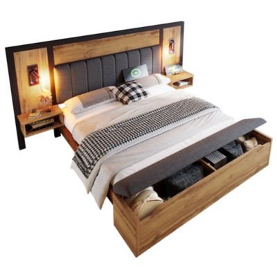 Lit avec rangement 180x200 cm - Lit double capitonné avec lampe de lecture et table de chevet USB C - Métal - Sans Matelas - Chêne