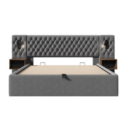 Lit avec rangement hydraulique,180x200cm,Gris,2 tables de nuit, lumière de lecture, chargement USB
