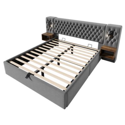 Lit avec rangement hydraulique,180x200cm,Gris,2 tables de nuit, lumière de lecture, chargement USB