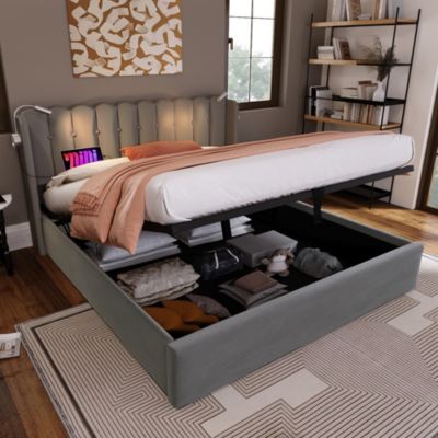 Lit avec rangement rembourré 140 x 200 cm, rangement intégré, USB, tête de lit, sommier à lattes, sans matelas, gris, velours