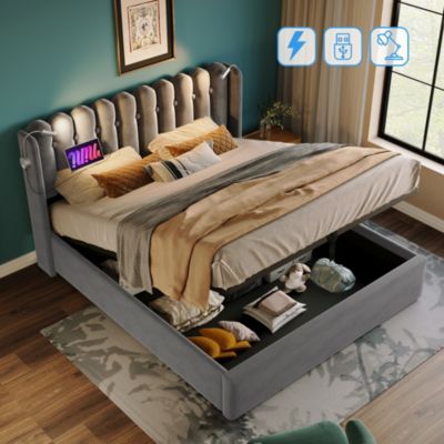 Lit avec rangement rembourré 140 x 200 cm, rangement intégré, USB, tête de lit, sommier à lattes, sans matelas, gris, velours