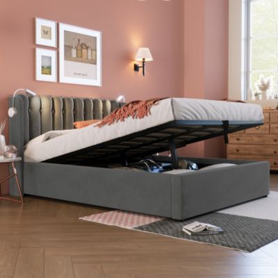 Lit avec rangement rembourré 140 x 200 cm, rangement intégré, USB, tête de lit, sommier à lattes, sans matelas, gris, velours