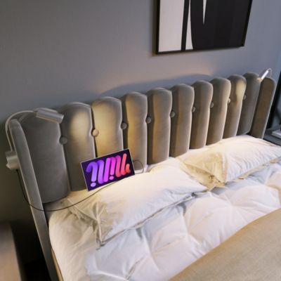 Lit avec rangement rembourré 140 x 200 cm, rangement intégré, USB, tête de lit, sommier à lattes, sans matelas, gris, velours