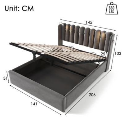 Lit avec rangement rembourré 140 x 200 cm, rangement intégré, USB, tête de lit, sommier à lattes, sans matelas, gris, velours