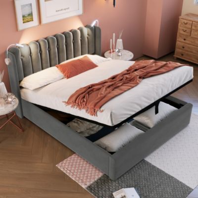 Lit avec rangement rembourré 140 x 200 cm, rangement intégré, USB, tête de lit, sommier à lattes, sans matelas, gris, velours