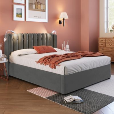 Lit avec rangement rembourré 140 x 200 cm, rangement intégré, USB, tête de lit, sommier à lattes, sans matelas, gris, velours